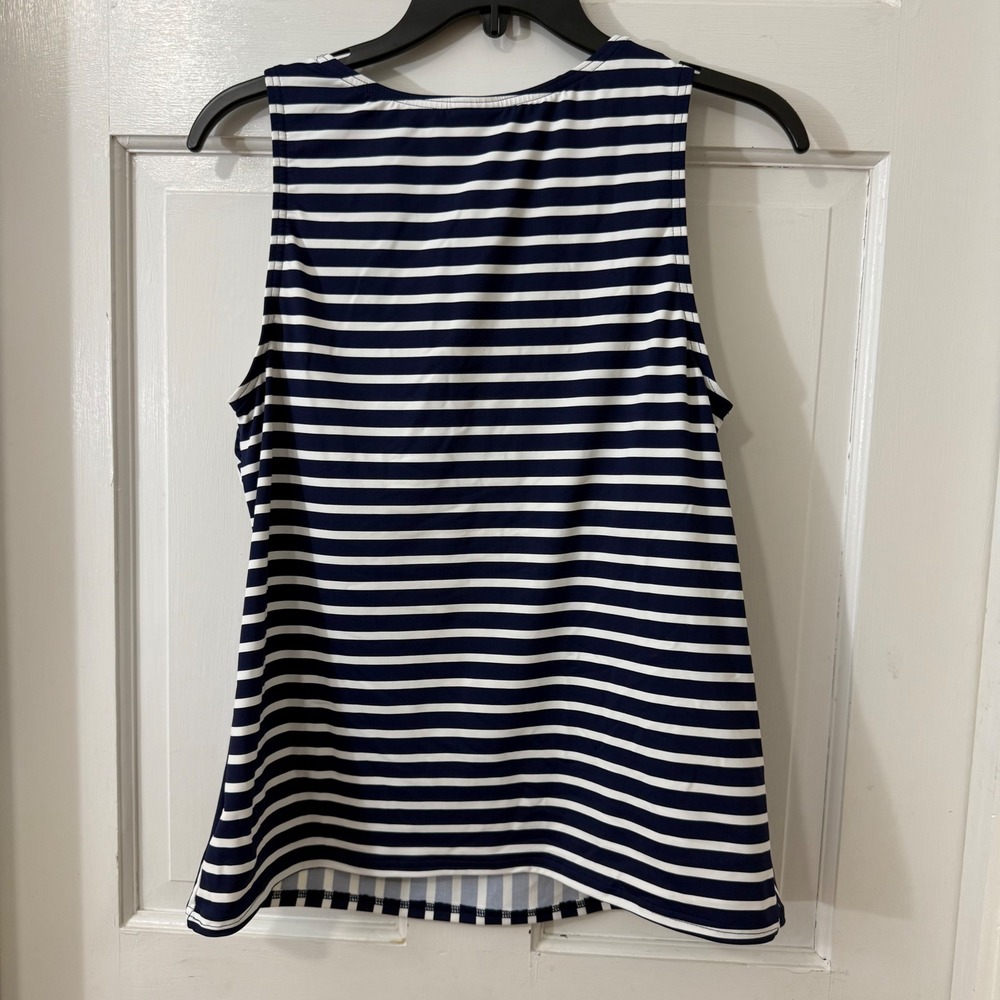 Lands End Navy Striped Swim Tankini Top Sz 12 High Neck Nautical Modest Classic - Picture 3 of 3